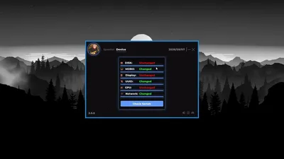 Dashboard table listing disk, motherboard, display, UUID, GPU, and network values with changed or unchanged badges plus a check-serials button.