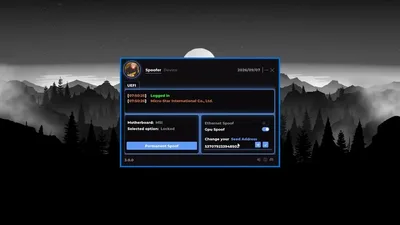 UEFI tab with permanent spoof toggle, GPU and ethernet switches, and a seed input on a dark interface.