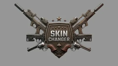 Metallic shield badge labeled Skin Changer with crossed rifles, revolvers, and star accents.